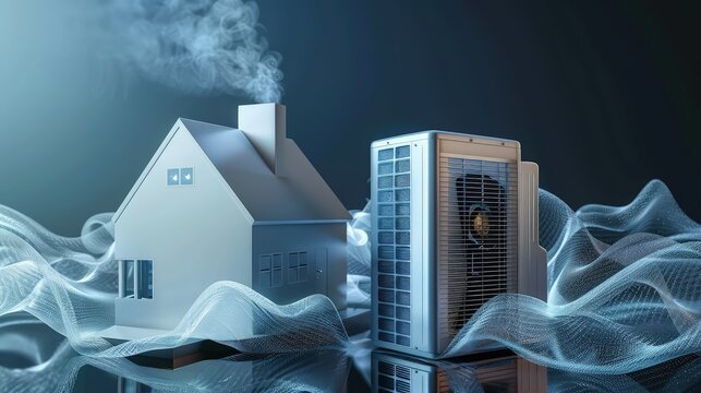 An artistic representation of a home air conditioning system, with a unit placed next to a miniature house surrounded by heat waves, highlighting its cooling capabilities.