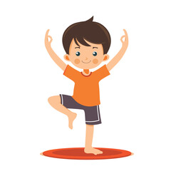 Young boy practicing yoga tree pose, balancing happily one foot. Child cartoon style enjoying fitness exercise, healthy lifestyle concept. Cute kid doing yoga asana illustration, sports activity