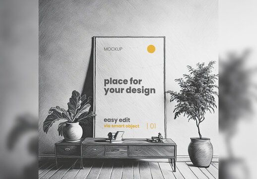 Poster Frame Mockup illustrated pencil graphite style Generative Ai
