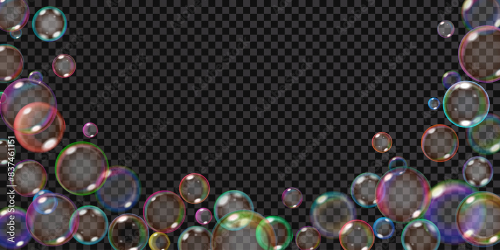 Poster lots of translucent rainbow soap bubbles located at the bottom and sides, isolated on a transparent 