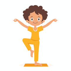 Fototapeta premium Young boy practicing yoga tree pose smiling. Child exercising balance fitness wellness cartoon character. Happy kid performing yoga pose orange sportswear isolated white background