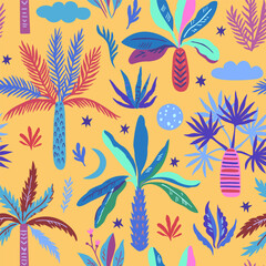 Fototapeta premium Seamless pattern with doodle palm trees moon and stars. Print with exotic mystical trees. Vector illustration.