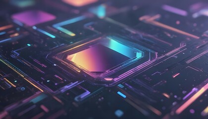 A macro shot of a metallic surface with a futuristic, holographic interface projected on it, displaying various abstract shapes and colors.