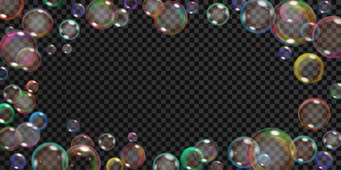Lots of translucent rainbow soap bubbles arranged around a center, isolated on a transparent background. Best used on dark illustrations. Transparency only in vector format.
