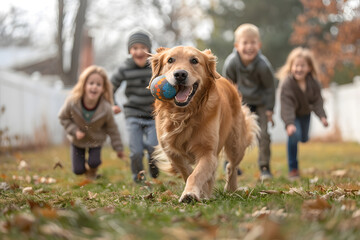 A friendly golden retriever playing fetch with happy family in sunlit backyard. Dog is running with ball in mouth, children laughing, scene is brightly lit, neutral green lawn and white fence.