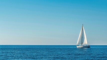 Fototapeta premium Sailboat glides on vast, calm ocean under clear sky