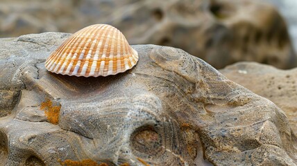 Brown and white striped seashell resting on rugged rock surface