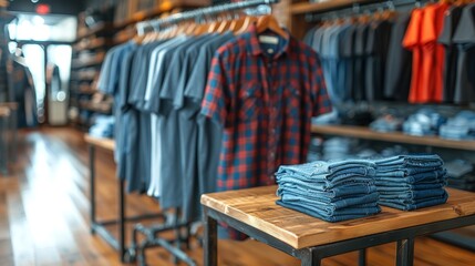 A beautifully arranged modern retail clothing store showcasing neatly folded denim jeans on a wooden table with hanging shirts in the background