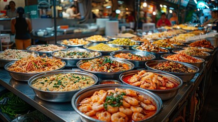 Obraz premium A bustling night market food stall showcasing an array of delectable dishes in metal bowls, highlighting the vibrant culture and diversity of Asian street cuisine