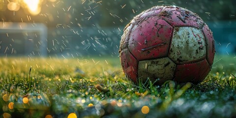 A close-up view of a well-worn soccer ball on a wet, grassy field with the sun shining in the background, creating a magical and lively atmosphere