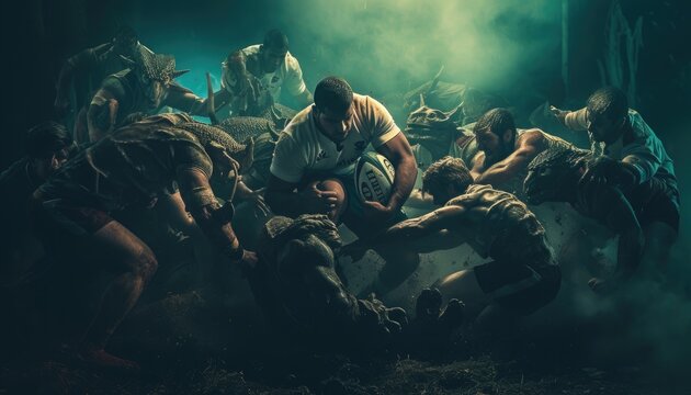A rugby player in a scrum with mythical creatures, infusing the sport with a fantastical and otherworldly vibe. 🏉🐉✨