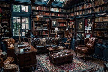 Naklejka premium A cozy and sophisticated study room filled with leather furniture, bookshelves lined with volumes, and vintage decor elements under natural skylights