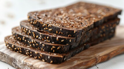 A detailed close-up image of four freshly sliced brown bread pieces with multigrain seeds on a wooden cutting board, highlighting the texture and grains - Powered by Adobe