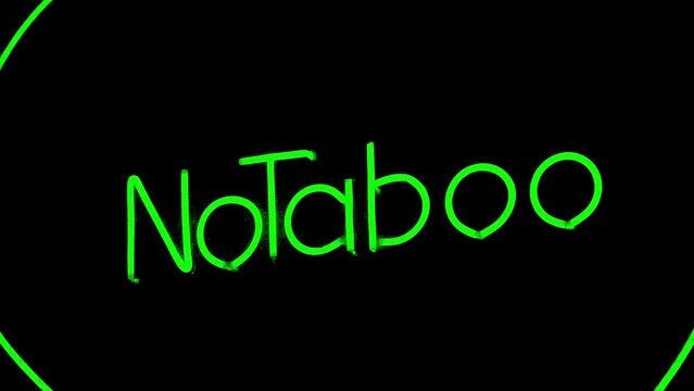 No Taboo inscription in green color at sex shop window. Peccability and amorality of society, decline in morals, zoom-in video