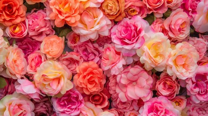 Bright and colorful close-up of pink and orange roses in full bloom creating a lush floral pattern