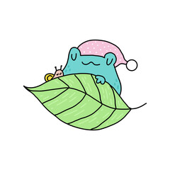 Cute cartoon frog sleeps with a snail under leaf. Kawaii froggie. Baby animal for childish stickers and prints. Cartoon summer character for kids. Flat childish illustration on a white background