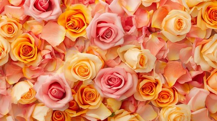 Close-up of pink and orange roses in full bloom with petals creating a vibrant and lush floral display