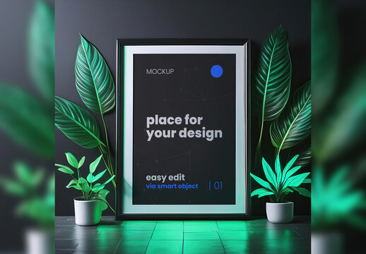 Poster Frame Mockup between plant leafs 04 Generative Ai