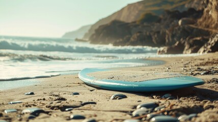 Surfboard on rocky beach with waves and cliffs in background