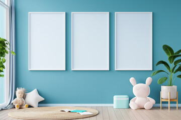 Mock up posters in child room interior, posters on empty blue wall background