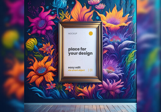 Poster Frame Mockup between psicodelic illustrated plant and flowers Generative Ai