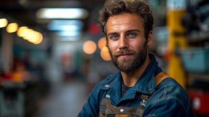 Obraz premium A skilled worker in a workshop setting, displaying confidence and expertise with a focused and determined expression, surrounded by equipment and tools