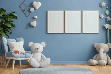 Mock up posters in child room interior, posters on empty blue wall background