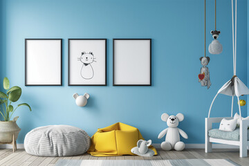 Mock up posters in child room interior, posters on empty blue wall background