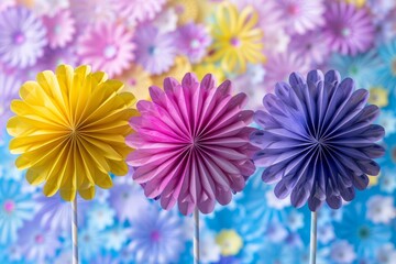 Fototapeta premium A vibrant image featuring colorful paper pinwheels set against a dreamy background of blurred flowers in various hues of yellow, pink, and purple