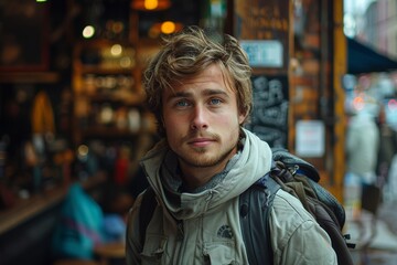 Obraz premium A young man with messy blonde hair and a backpack standing in front of an urban coffee shop background with a thoughtful expression
