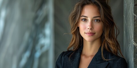 Obraz premium A young woman dressed in a black jacket stands against a modern, textured background with a serene expression, embodying casual elegance and poised confidence