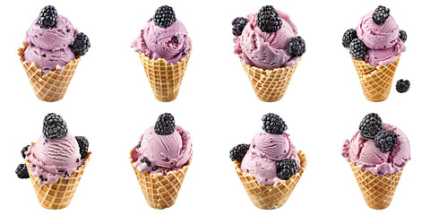 Set of Blackberry Ice Cream In A Waffle Cone isolated on transparent png background. Generative ai