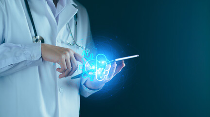 Medical AI technology, doctor use AI for diagnosis, care, health and increasing accuracy patient treatment in future. Medical research and development innovation technology to improve healthcare