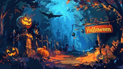 a Halloween scene in a forest setting, featuring floating jack-o'-lanterns, bats, and a glowing Halloween sign, creating a magical and eerie atmosphere.