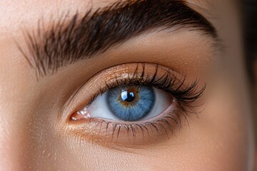 Close-up of a vibrant blue eye with long eyelashes and well-groomed eyebrows, highlighting fine details and textures for a captivating visual effect