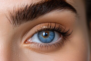 Naklejka premium Close-up of a vibrant blue eye with long eyelashes and well-groomed eyebrows, highlighting fine details and textures for a captivating visual effect