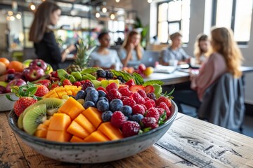 Group of women having a casual meeting in a modern bright office environment with a focus on a bowl filled with vibrant fresh fruit on a wooden table