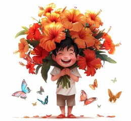A joyful child holding a large bouquet of vibrant orange flowers, surrounded by colorful butterflies in a cheerful setting.