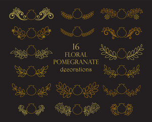 Collection of golden outline pomegranate decorations