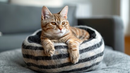 Cozy Comfort: Tabby Cat in a Felt Bed. A cozy scene of a tabby cat lounging in a stylish grey and white felt bed, epitomizing comfort and relaxation.