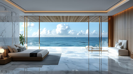 Modern style minimalist Bedroom interior design idea. Ocean view Hotel bedroom interior material brainstorming and warm comfortable place.
