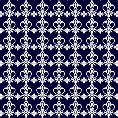 White Floral Pattern on Dark Blue Background. Seamless floral pattern features delicate white flowers with petals each, arranged in alternating rows.