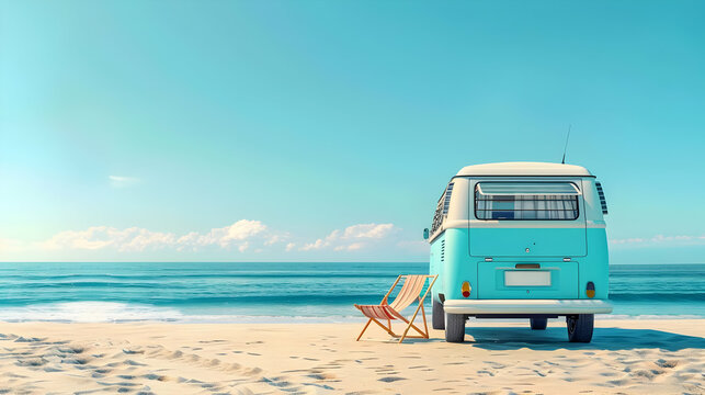 Ready for summer travel Blue van with deck chair and beach accessory at side with copy space for text