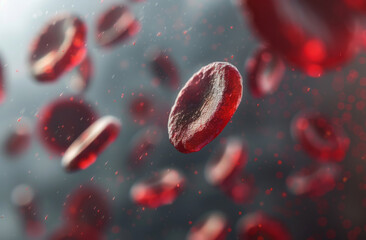 Red and blue cells floating in the background, with red and white cell particles moving around. A close up illustration in the style of medical technology.
