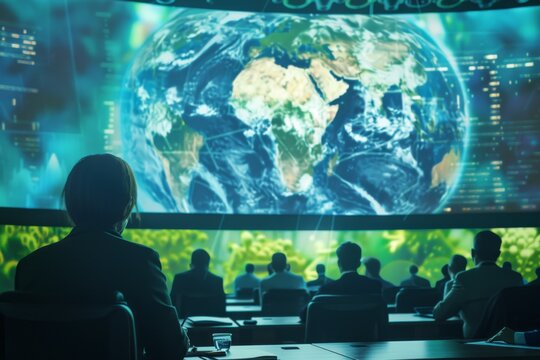International experts discussing sustainable development strategies in a conference hall, surrounded by digital displays with climate and ecology data