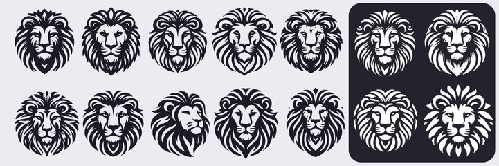 set lion face design animal face wild head lion king wildlife predator cat mammal isolated power nature mane vector feline carnivore background illustration portrait zoo design male symbol 