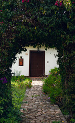 arch of plants framing a path and a house door