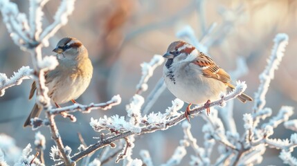 Fototapeta premium Sparrows in Winter Morning Light. Two sparrows perched on frost-covered branches during a serene winter morning, capturing a moment of natural beauty.