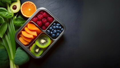 Healthy meal prep with fresh fruits and vegetables in a divided container on a dark background. Balanced diet and nutrition concept.