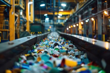 Perspective view of a recycling conveyor belt filled with mixed recyclables, emphasizing the continuous flow of materials in waste management.